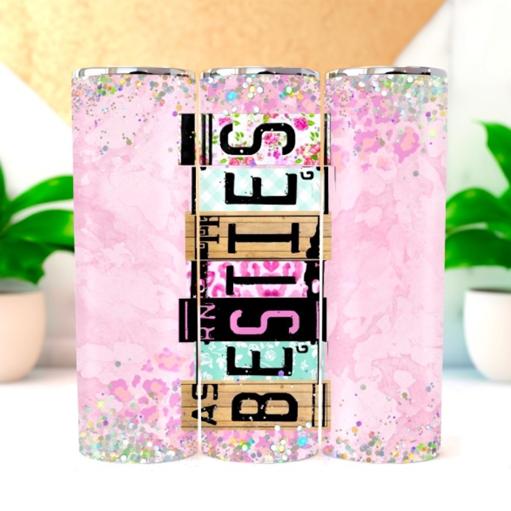 “Besties” Spelled from License Plates Custom 20oz Tumbler with Slide Lid & Straw